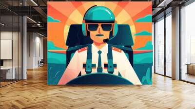 Illustration of a confident pilot wearing sunglasses, headset, and uniform, seated in the cockpit, with a vibrant sunrise background. Wall mural