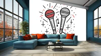 Illustration of two microphones surrounded by sparkling effects, representing music and performance on a white background. Wall mural