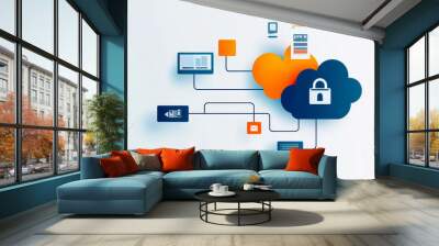 Innovative cloud technology illustration featuring security symbols, data transfer, and modern devices on a minimalist background. Wall mural