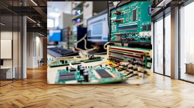 Lab with computers and circuit boards used for electronics testing and research. Modern technology and engineering environment close-up. Wall mural