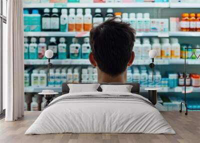 Man standing in front of a pharmacy shelf full of various medicine bottles and health products, contemplating his choice and options. Wall mural