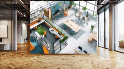 Modern open-plan office space with greenery, collaborative workstations, and bright natural light, fostering productivity and creativity. Wall mural