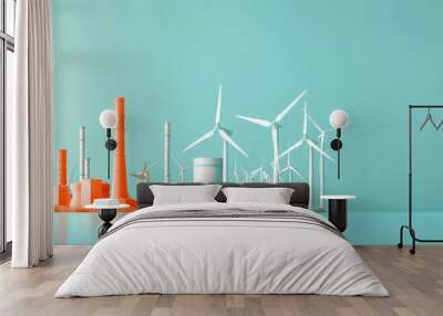 Modern renewable energy concept with wind turbines and industrial buildings set against a minimalist background. Wall mural