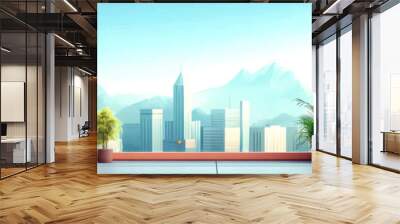 Modern rooftop garden with plants against a city skyline backdrop. Wall mural