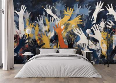 Peace painting on board, two hands, in the style of chaotic environments, tightly composed scenes, dark white and dark blue, gestural marks, light yellow and dark green. Wall mural