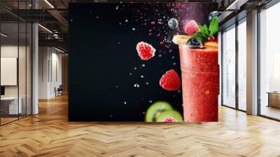 Refreshing berry smoothie with fresh fruit garnish on a black background, perfect for healthy lifestyle and nutrition concepts. Wall mural