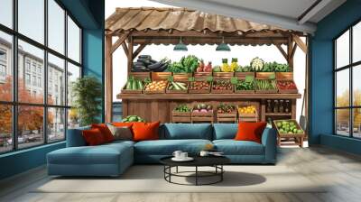 Rustic outdoor market stall with fresh vegetables and fruits on display, featuring wooden crates and barrels under a weathered roof. Wall mural