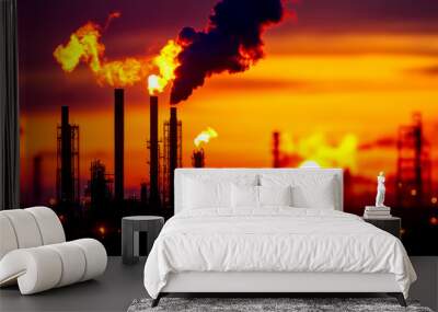 Silhouetted industrial skyline against a stunning sunset, showcasing smoke and flames from factories in a vibrant atmosphere. Wall mural