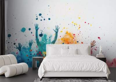 Vibrant and colorful abstract art with splashes of paint and hand silhouettes, representing creativity and celebration. Wall mural