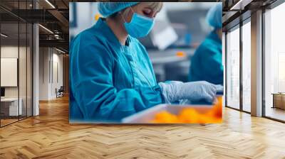 Workers in protective gear handling food in a modern kitchen. Emphasizing hygiene and safety protocols in food preparation. Wall mural