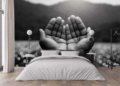 Faith concept- Black and white muslim prayer open two empty hands with palms up for pray Wall mural