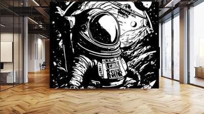 Out of space slogan graphic with an alien in a spaceship and space vector illustrations Wall mural