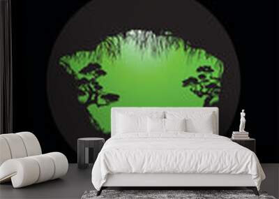 Wallpaper vector landscape with silhouette of moonlit cave, two trees, tree roots, moonlight Wall mural