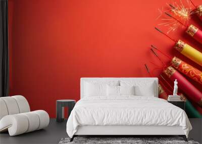 Firecrackers on a red background Wall mural