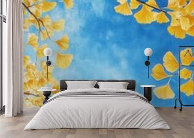 Golden Ginkgo leaves under a blue sky Wall mural