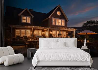 Beautiful Hampton Style Luxury House Home Building with Lamp Light at Night Wall mural