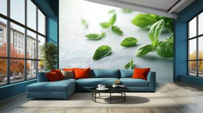 Generated AI Image of Fresh Green Organic Basil Leaves Herb Healthy Wall mural