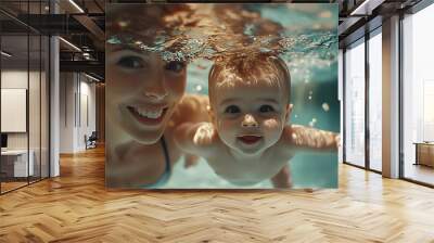 Generative AI Image Beautiful Mother with Child Swimming Pool with Smile Happy Expression Wall mural