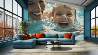 Generative AI Image Beautiful Mother with Child Swimming Pool with Smile Happy Expression Wall mural