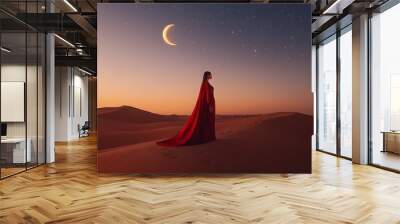 Generative AI Image of Beautiful Woman Wear Elegant Dress Walking in Dry Desert with Crescent Moon Wall mural