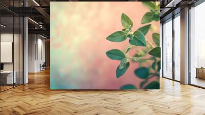 Generative AI Image of Fresh Green Oregano Leaves Herb Plant on Bright Blur Background Wall mural