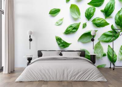 Generative AI Image of Freshly Harvested Green Basil Leaves Scattered with White Background Wall mural