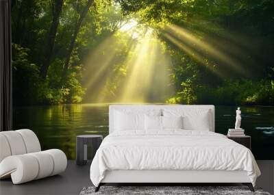 Generative AI Image of Tranquil Calm River in Green Tropical Forest with Sunlight Wallpaper Wall mural