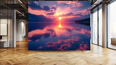 Generative AI Image of Tranquil Empty Lake River with Mountain Hill View at Sunset Sunrise Sky Wall mural