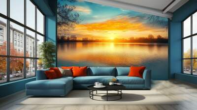 Generative AI Image of Tranquil Empty Lake River with Nature Tropical Forest at Sunset Sunrise Sky Wall mural