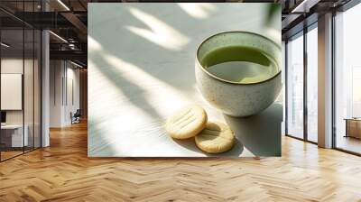 Generative AI Image of Warm Green Tea Matcha Drink with Soft Cookies and Light Shadow Background Wall mural