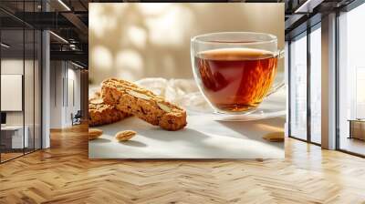 Generative AI Image of Warm Rooibos Tea with Almond Biscotti at Morning Light Shadow Teatime Wall mural