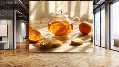 Generative AI Image Warm Citrus Infused Orange Tea and Cookies at Simple Home House Teatime Wall mural