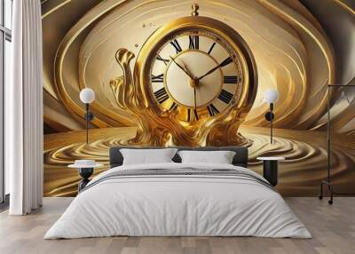  illustration of the illusion of time a surreal clock made of golden and mercury materials melting in a distorted and fluid manner Wall mural