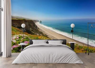 a view of the pacific ocean from a wildflower covered cliff overlooking rockaway beach in pacifica california Wall mural