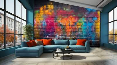 colorful graffiti on a brick wall as a dark background Wall mural