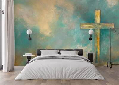 cross painting in tones of teal art with roughly painted effect background with copy space ready for text scripture worship lyrics quote Wall mural