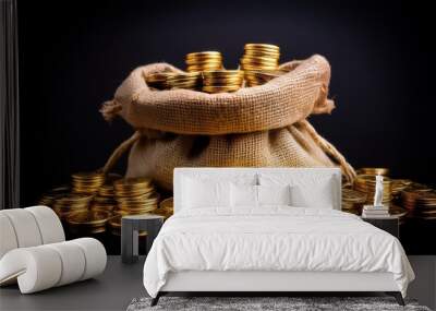 gold coins in a sack stacks of wealth on black background Wall mural