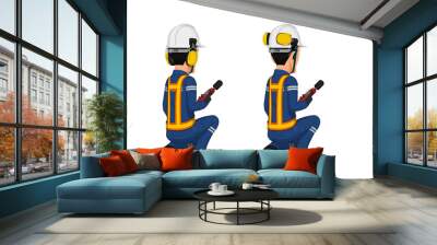 Two industrial workers are  measuring sound level  on white background Wall mural