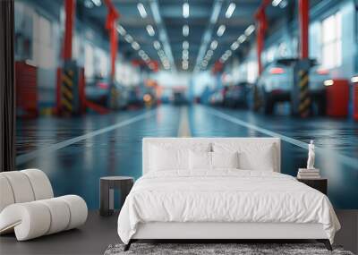 Car service station interior Blurred view of a modern automobile repair shop with cars on a wet floor Wall mural