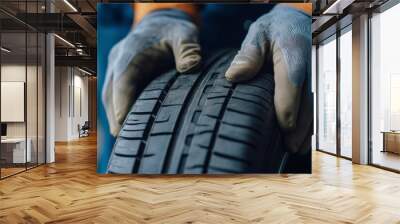 Closeup of a Mechanics Hands Inspecting a Car Tire Wall mural