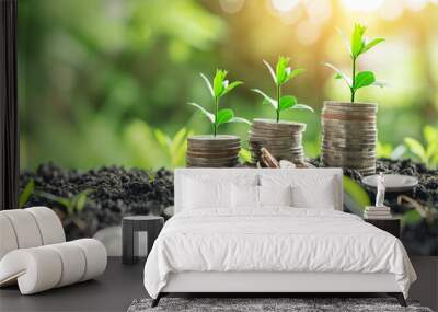 Green Plant Growing From Stack of Coins in Soil Wall mural