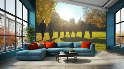 Group of friends walking in park during autumn Wall mural