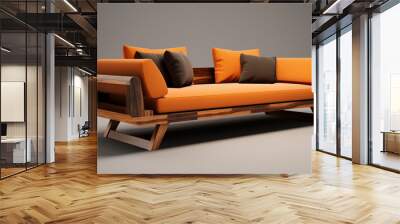 Modern Orange Sofa with Wooden Frame and Pillows Wall mural