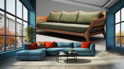 Modern Wooden Sofa with Green Cushions Wall mural