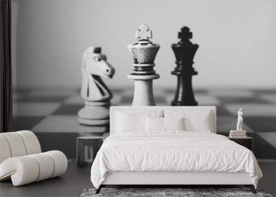 White Chess King Knight and Black King on Chessboard Wall mural