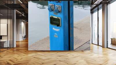 Outdoor electrical outlets with safety switches mounted on blue metal pole used for powering small boats in local harbor surrounded with concrete tiles and sea Wall mural