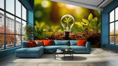 a little plant inside a bulb, environment conservation bright ideas  Wall mural