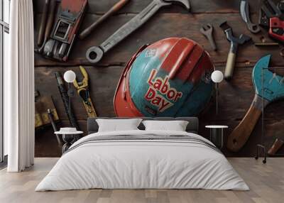 set of tools and a helmet written labor day  Wall mural