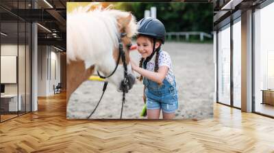 Cute little girl enjoying with pony horse outdoors at ranch. Wall mural