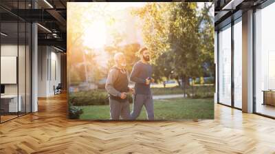 Happy father and son jogging together outdoors in park. Wall mural